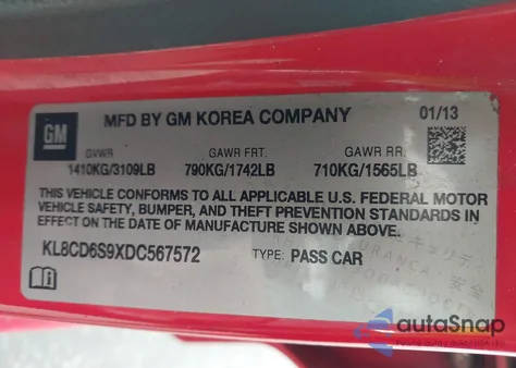 2013 Chevrolet Spark 1Lt Auto from USA, damaged, VIN KL8CD6S9XDC567572